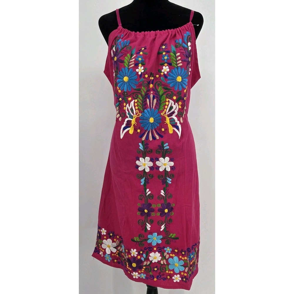 Oaxacan Mexican Embroidered Dress Medium Pink Satin Straps 100% Cotton